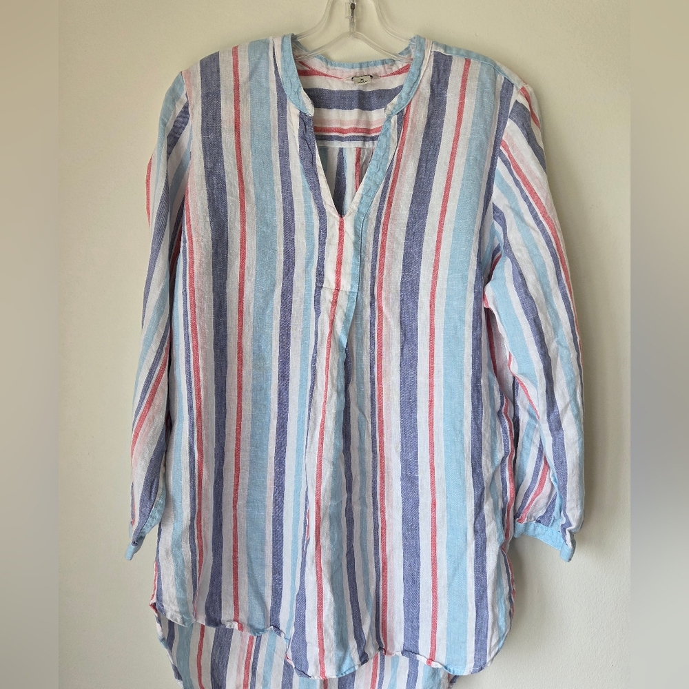 Lands End Linen Tunic Top Striped Multicolor